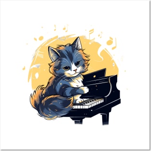 Cat playing piano Posters and Art